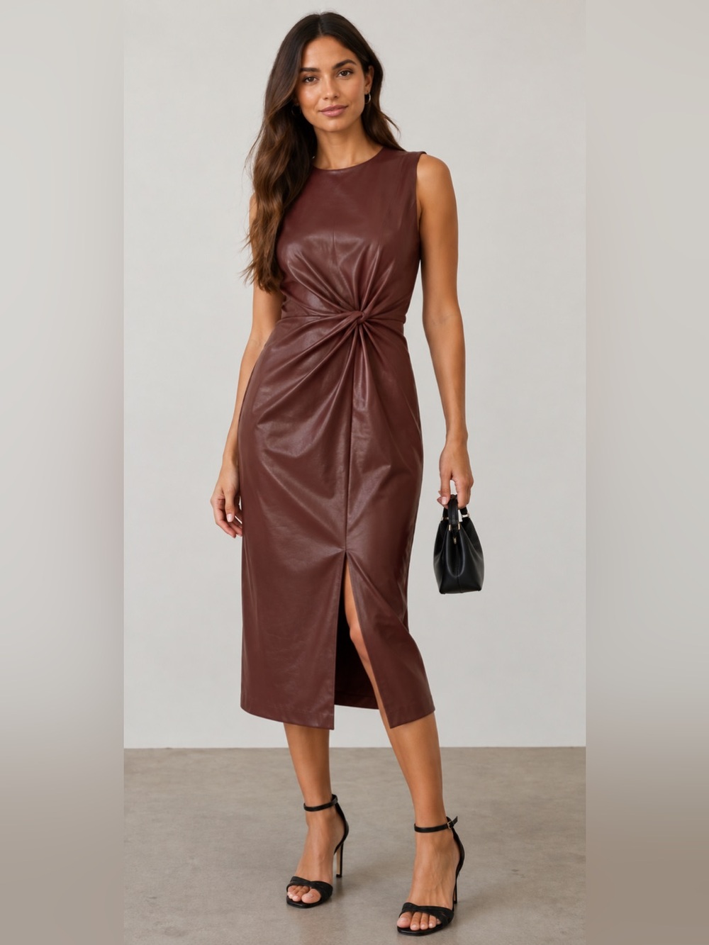 Express Faux Leather Body Con Midi Dress in Brown